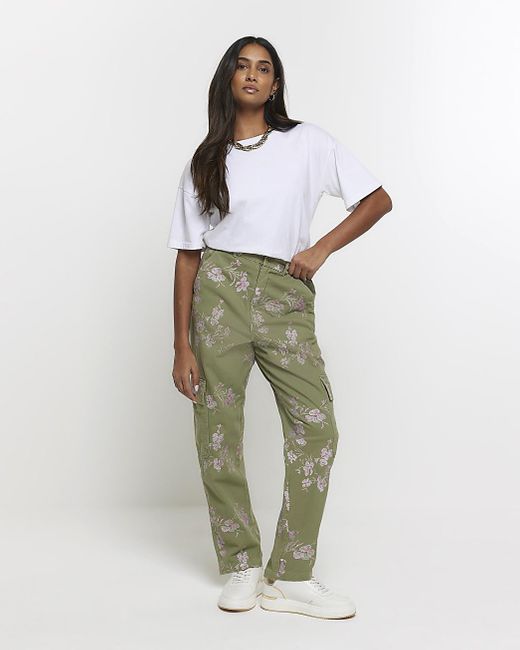 River Island Green Embroidered Floral Cargo Trousers