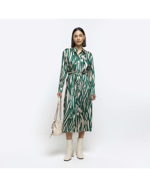 River Island Blue Green Abstract Belted Midi Shirt Dress