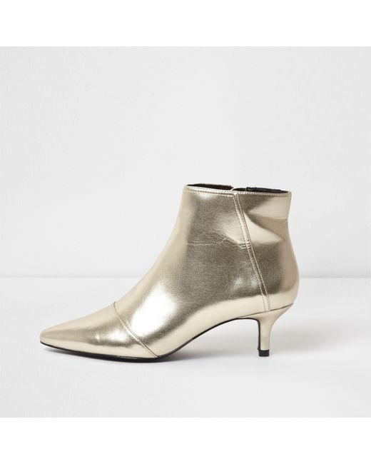 River Island Gold Metallic Pointed Kitten Heel Ankle Boots
