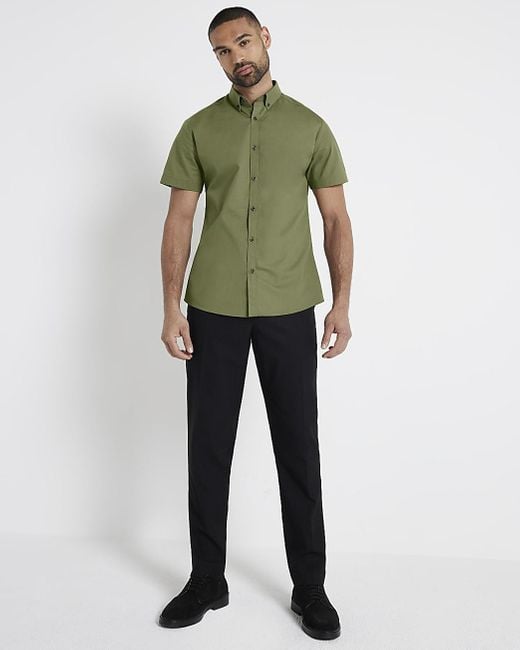 River Island Green Khaki Muscle Fit Textured Smart Shirt for men
