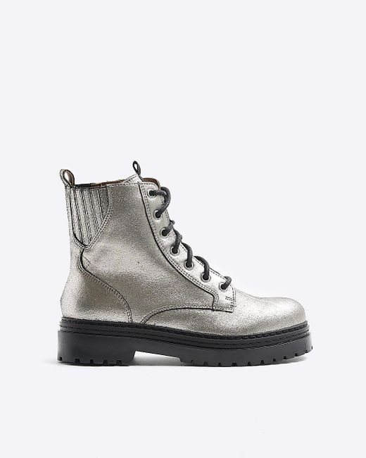 River Island Gray Silver Leather Metallic Lace Up Boots