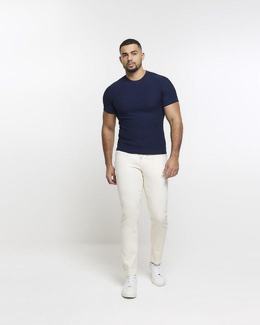 River Island Blue Navy Muscle Fit Brick Knit T-shirt for men