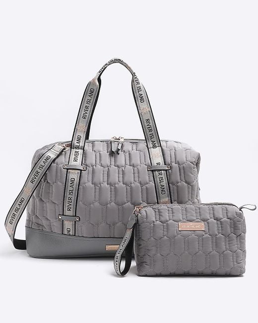 River Island Gray Quilted Travel And Makeup Bag Bundle