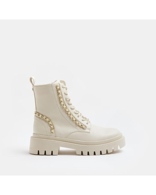 River Island Natural Cream Chain Lace Up Chunky Boots
