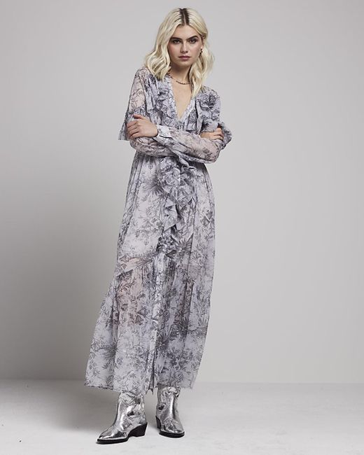 River Island White Grey Floral Frill Belted Swing Maxi Dress