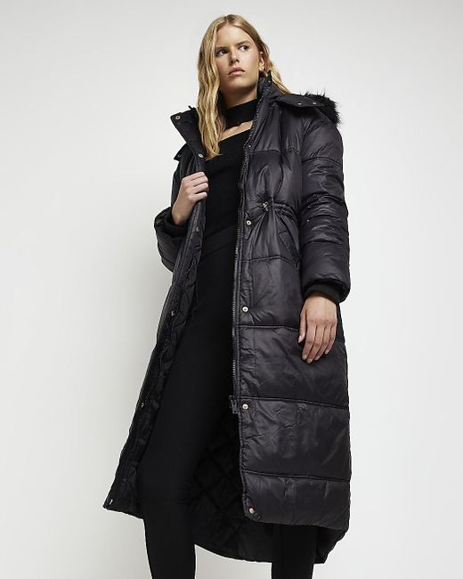 River Island Black Faux Fur Puffer Longline Coat