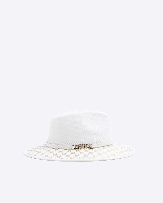 River Island White Monogram Straw Fedora Hat