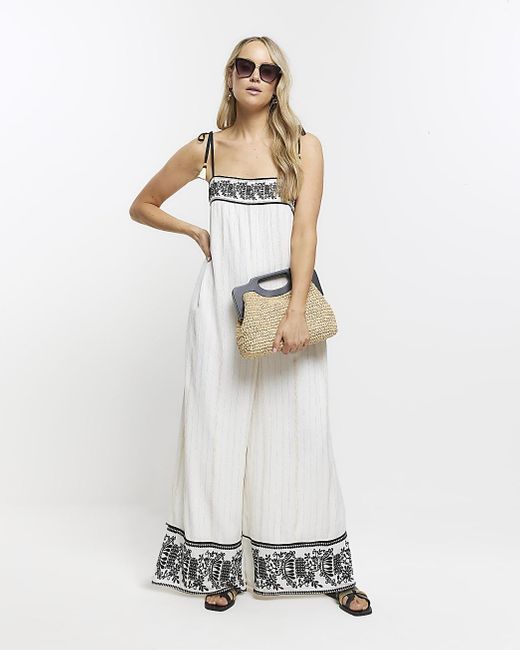 River Island White Embroidered Bandeau Jumpsuit