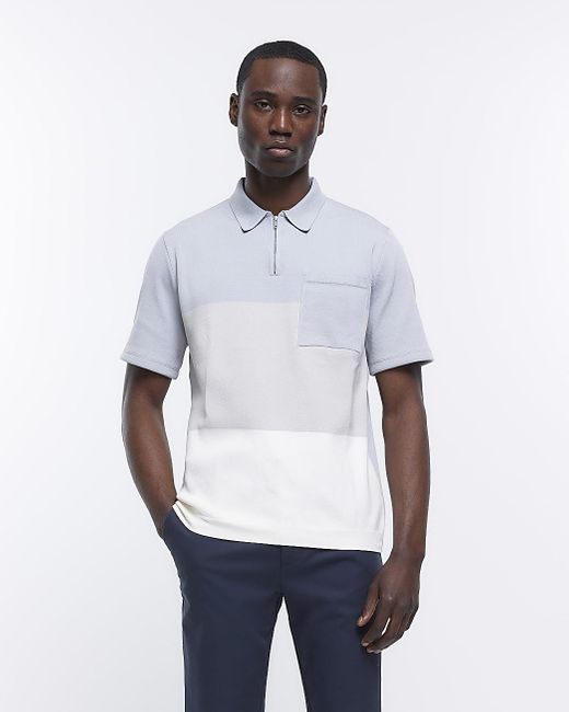 River Island White Blue Slim Fit Knitted Colour Block Polo for men