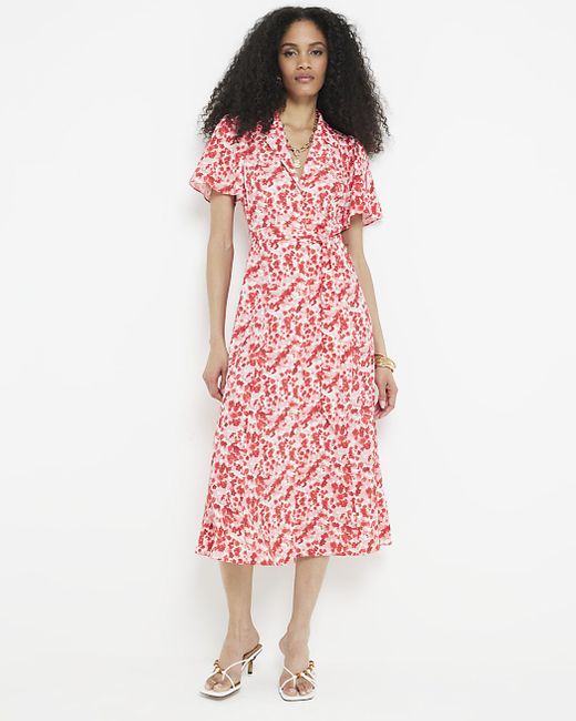 River Island Red Floral Belted Midi Shirt Dress