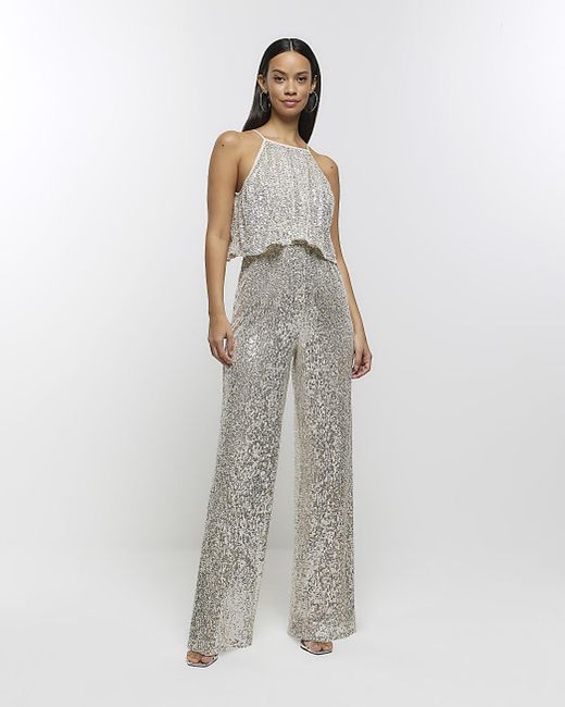 River Island White Sequin Layered Jumpsuit