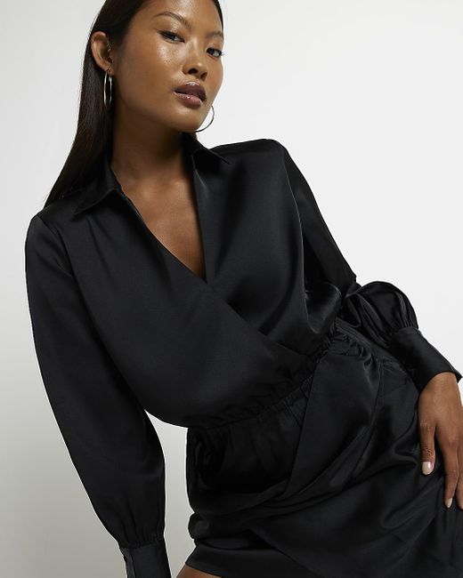 River Island Petite Black Satin Wrap Mini Dress Lyst