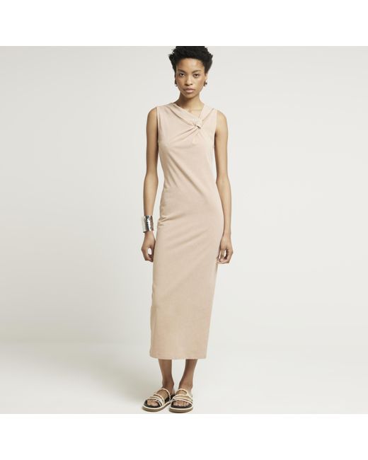 River Island Natural Beige Knot Detail Bodycon Maxi Dress
