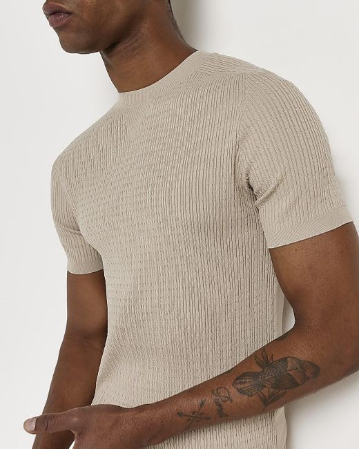 River Island Beige Muscle Fit Knitted T-shirt in Stone (Natural) for Men |  Lyst