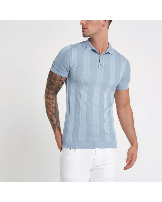 River Island Blue Light Rib Knit Muscle Fit Polo Shirt for men