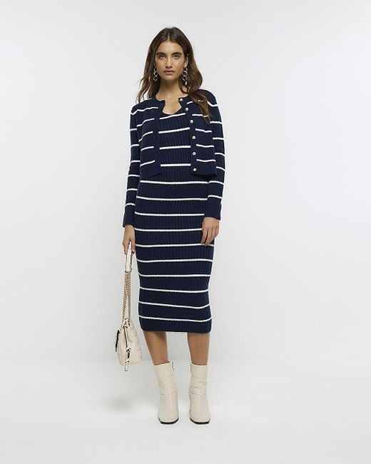 River Island Blue Navy Knit Stripe Bodycon Midi Dress Set