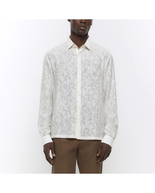 River Island White Stone Jacquard Lace Shirt for men