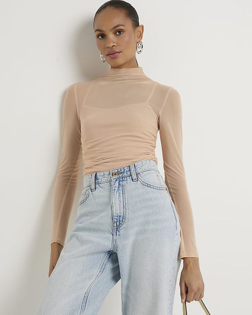 River Island Blue Pink Mesh Ruched Long Sleeve Top