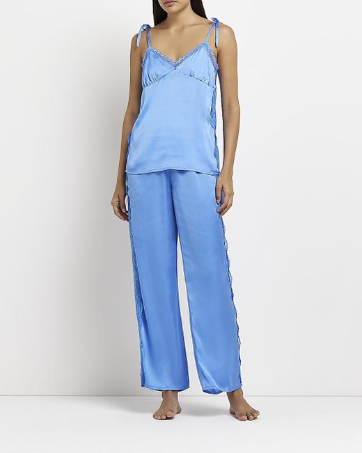 River Island Blue Satin Pyjamas Set Lyst UK