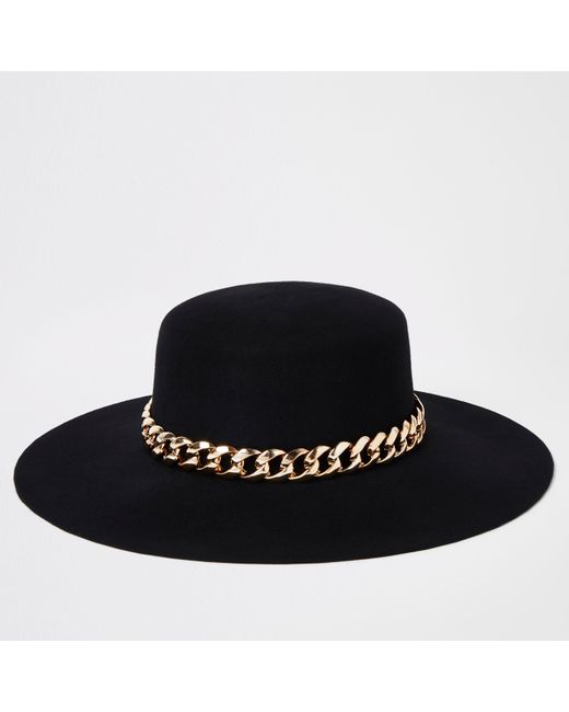 River Island Black Gold Chain Trim Fedora Hat