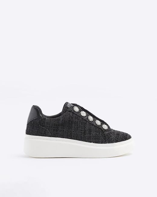 River Island Black Pearl Button Slip On Trainers