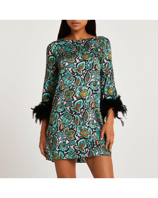 River Island Green Floral Feather Cuff Mini Dress | Lyst Canada