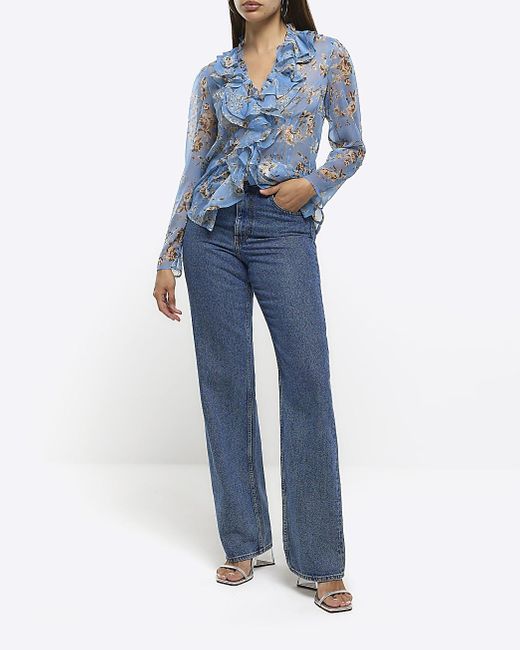 River Island Blue Floral Frill Blouse
