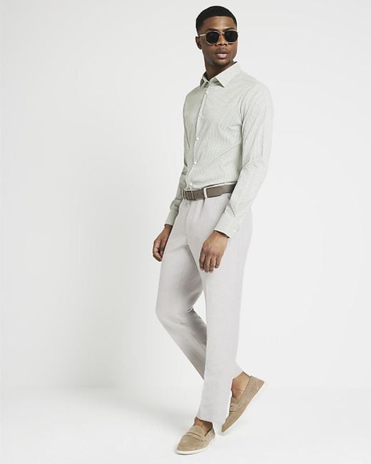 River Island White Khaki Muscle Fit Geometric Smart Shirt for men