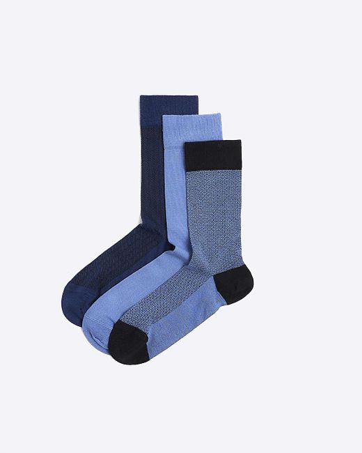 River Island Blue 3pk Geometric Bamboo Ankle Socks for men