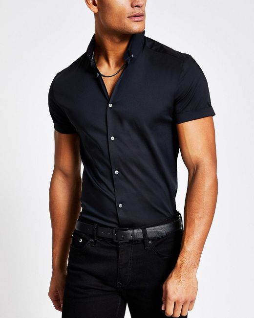 River Island Muscle Fit Short Sleeve Shirt in Black for Men