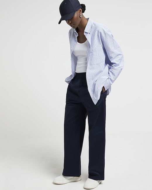 River Island Blue Navy Wide Fit Pull On Trousers