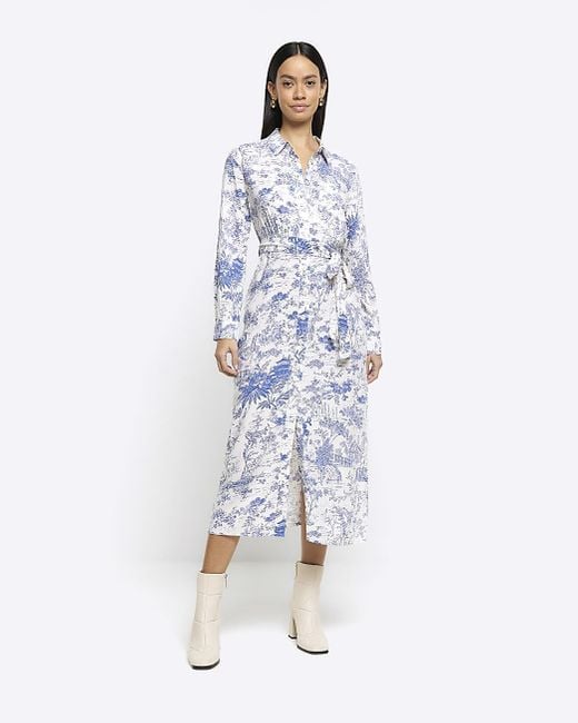 River Island White Blue Floral Belted Midi Shirt Dress