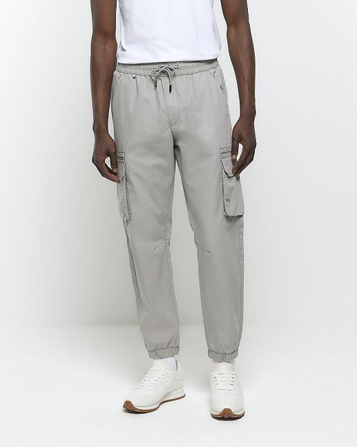 River Island Gray Grey Slim Fit Elasticated Cargo Trousers for men