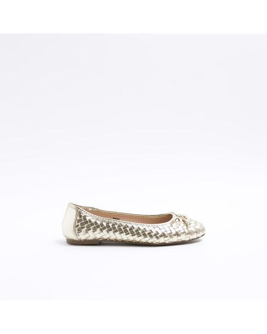 River Island White Gold Weave Bow Ballet Pumps