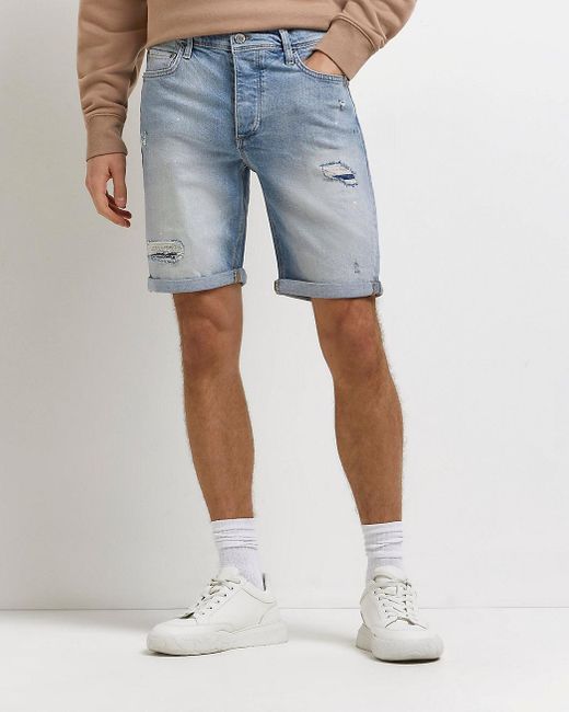 Blue Slim Fit Ripped Denim Shorts 