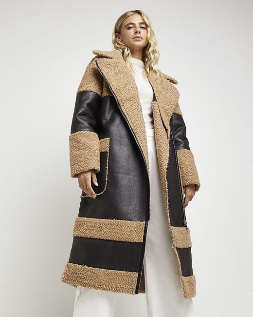 River Island Brown Faux Leather Shearling Longline Coat Lyst UK