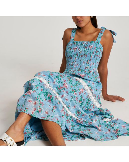 River Island Blue Floral Print Lace Trim Maxi Dress | Lyst Canada