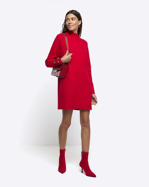 River Island Red Knitted Cosy Jumper Mini Dress