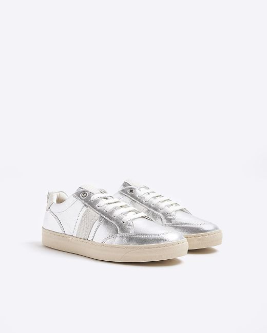 River Island White Silver Leather Lace Up Trainers