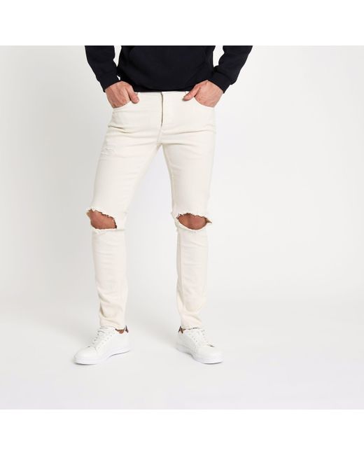 River Island Cream Sid Ripped Skinny Jeans in Natural for Men | Lyst