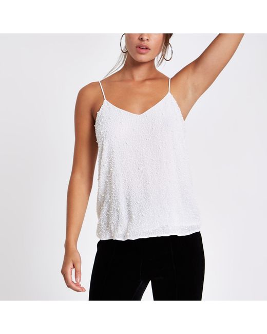 River Island Crepe Pearl Embellished Cami Top in White