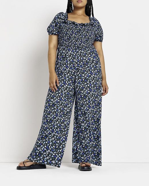 River Island Plus Navy Shirred Jumpsuit in Blue Lyst UK