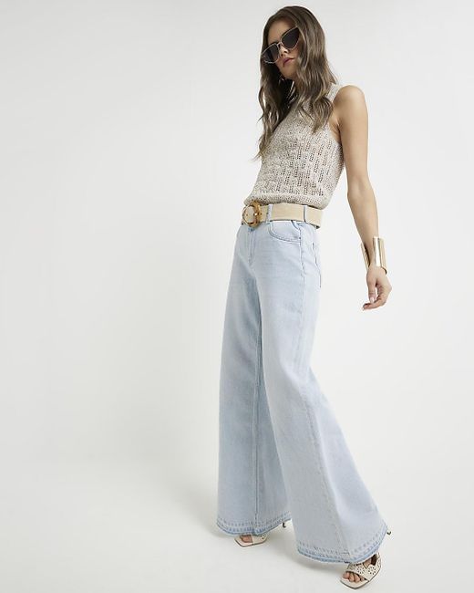 River Island White Blue Mid Rise Palazzo Jeans