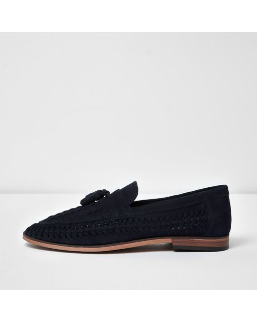 River Island Navy Blue Woven Suede Loafers for men