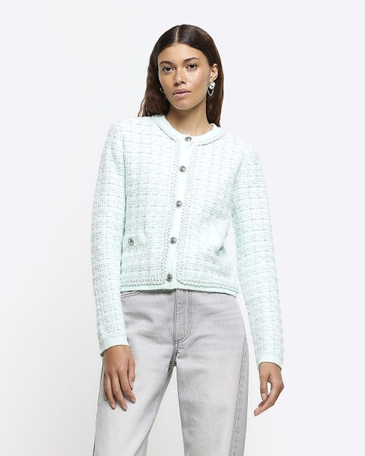 River Island White Green Boucle Knit Cardigan