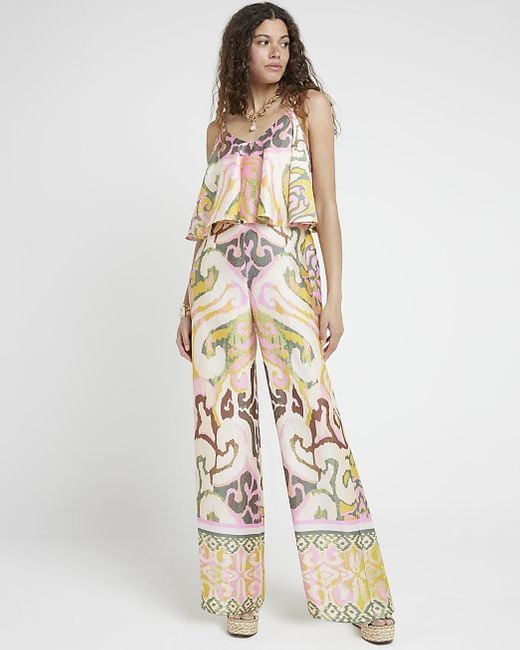 River Island White Pink Satin Abstract Layered Jumpsuit