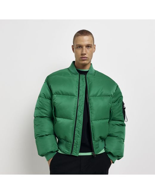 River Island Green Oversized Fit Bomber Puffer Jacket for Men | Lyst Canada