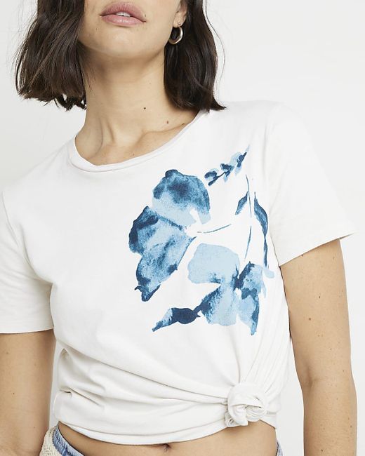 River Island Blue Cream Floral Graphic T-shirt