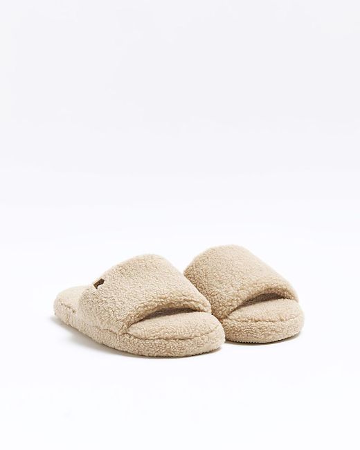 River Island Shearling Slippers in Natural for Men | Lyst UK