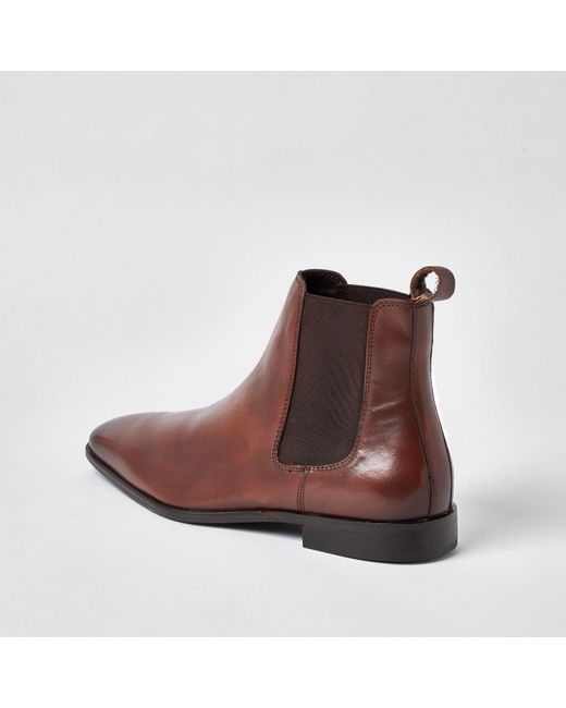 River Island Brown Square Toe Leather Chelsea Boots for men
